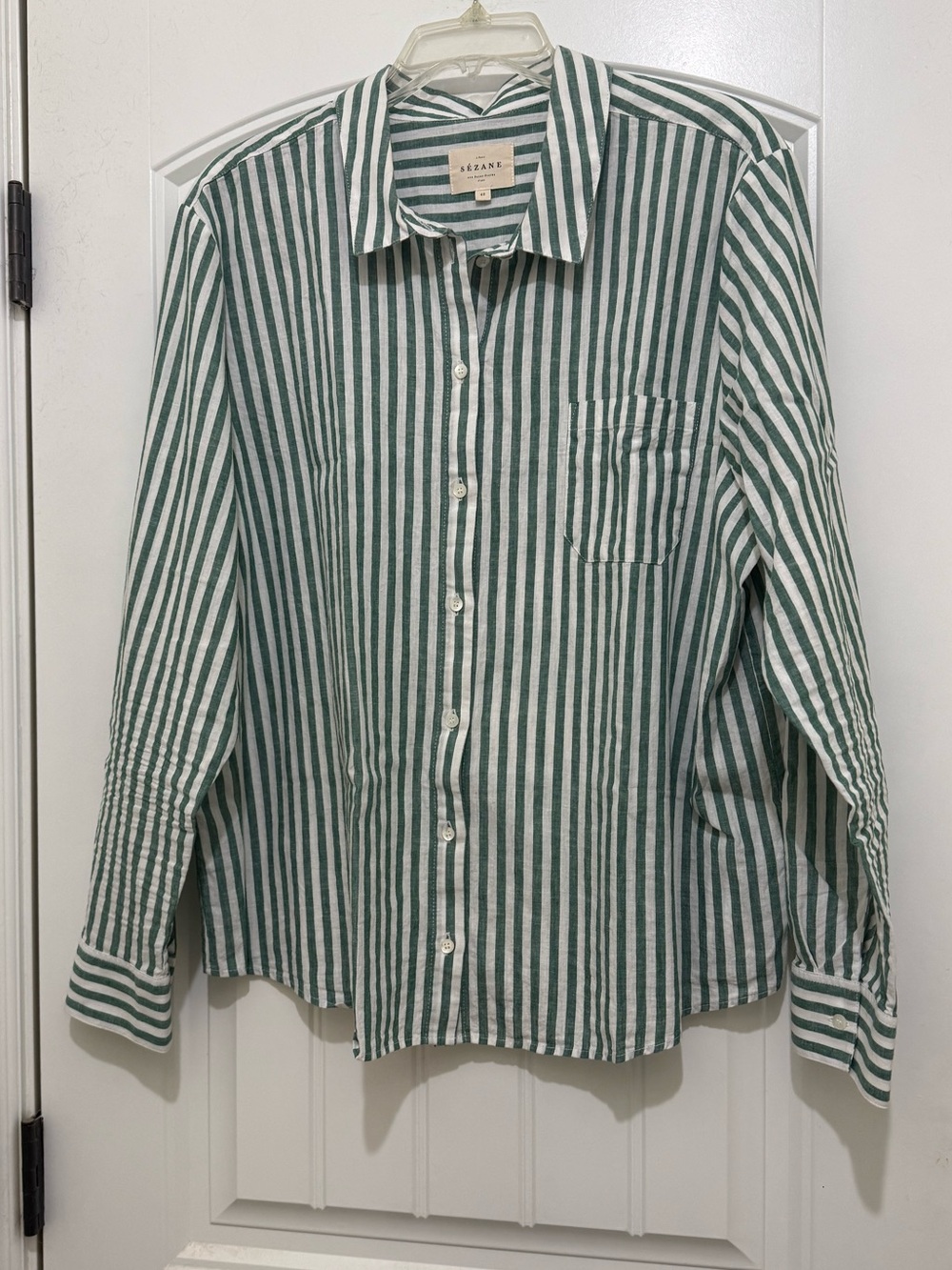 Sezane Tomboy Green Ecru Striped Button Down Shirt - Size 48 (US 16) EUC - Picture 4 of 4